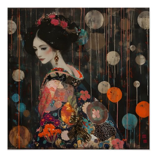 Pensieve vrouw in Kimono Perfect Poster (Voorkant)