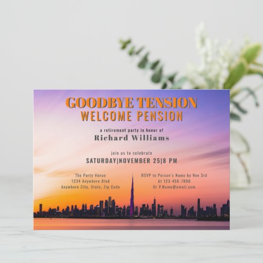 Pensioen afscheid spanning stad skyline kaart (Staand voorkant)