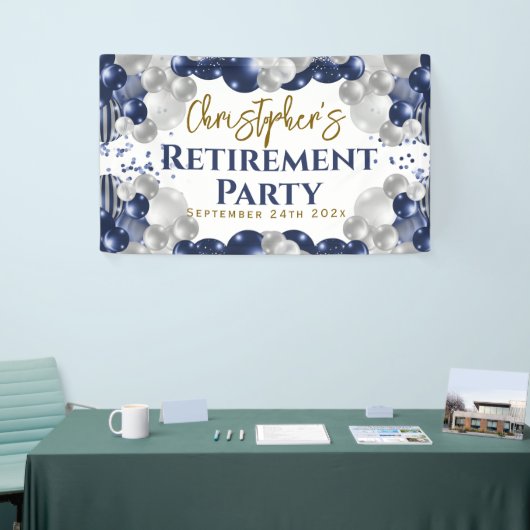 pensioen blauwe ballonnen feest welkom spandoek (Beurs)