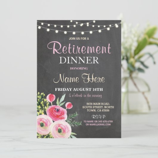 Pensioen Diner Party Vrouwen Bloemen Roze Invite Kaart (Staand voorkant)
