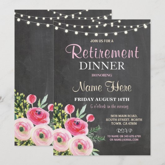 Pensioen Diner Party Vrouwen Bloemen Roze Invite Kaart (Voorkant / Achterkant)