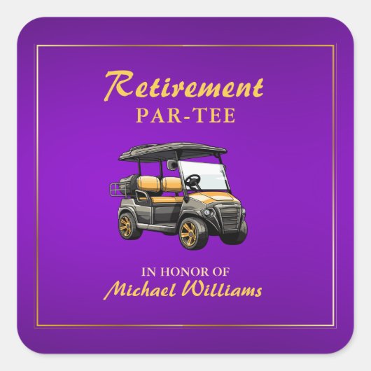 Pensioen Elegant Golf Thema Winkelwagen Paarse Gou Vierkante Sticker (Voorkant)
