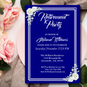 Pensioen Elegant Script Blauw Wit Rose Party Kaart