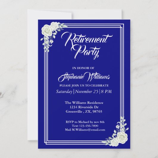 Pensioen Elegant Script Blauw Wit Rose Party Kaart (Voorkant)