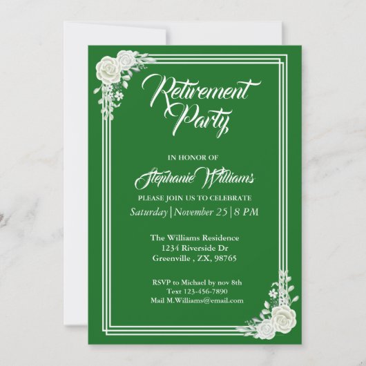 Pensioen Elegant Script Groen Wit Rose Party Kaart (Voorkant)