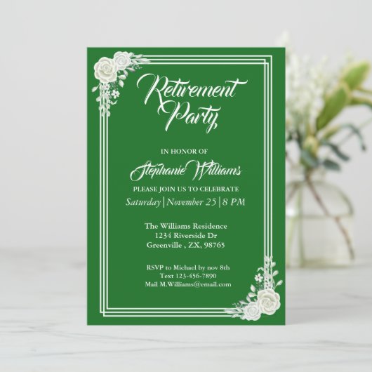 Pensioen Elegant Script Groen Wit Rose Party Kaart (Staand voorkant)