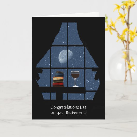 Pensioen felicitaties met boeken wijn naam kaart (Gele Bloem)