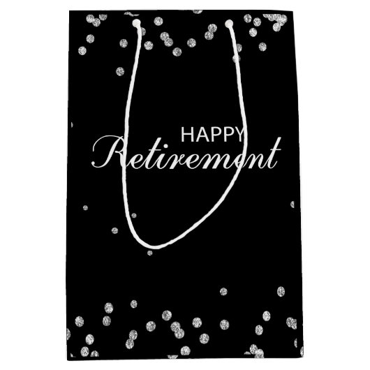 Pensioen Felicitaties Zwart met Zilveren Glitters Medium Cadeauzakje (Voorkant)