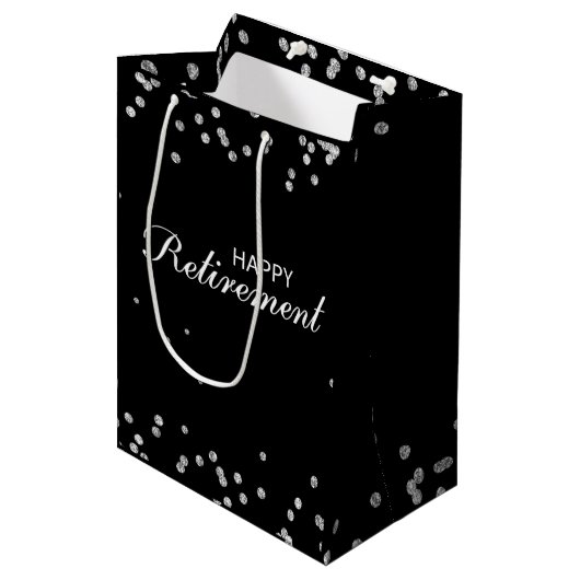 Pensioen Felicitaties Zwart met Zilveren Glitters Medium Cadeauzakje (Voorkant Gekanteld)