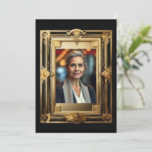 Pensioen foto zwart goud afscheid retro feest kaart (Staand voorkant)