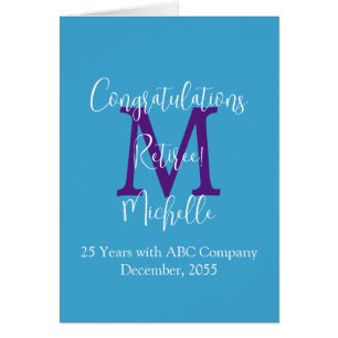 Pensioen Gefeliciteerd, blauw, Paarse monogram