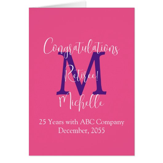 Pensioen Gefeliciteerd, roze, Paarse monogram (Voorkant)