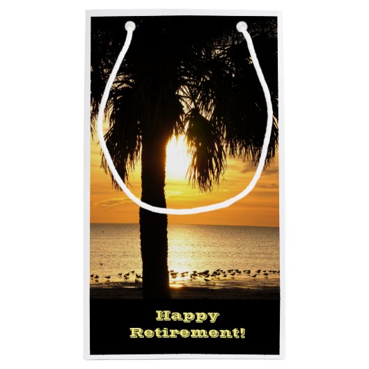 Pensioen, Gift bag, palmboom in zonsondergang. Klein Cadeauzakje (Achterkant)