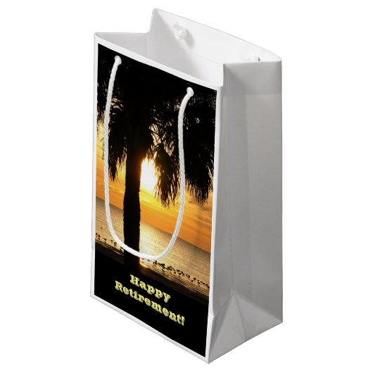 Pensioen, Gift bag, palmboom in zonsondergang. Klein Cadeauzakje (Voorkant Gekanteld)