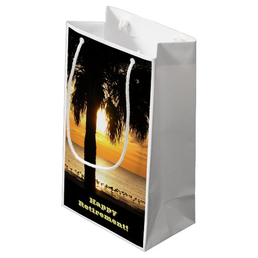 Pensioen, Gift bag, palmboom in zonsondergang. Klein Cadeauzakje (Achterkant Gekanteld)