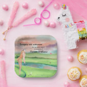 Pensioen Golf Vrouw Swinging op de Groene Papieren Bordje (Feest)