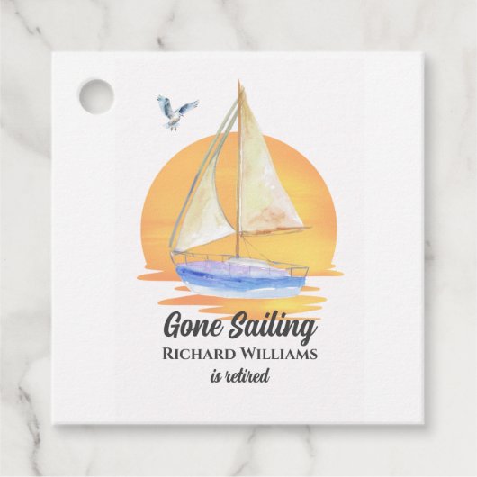 Pensioen Gone Zeilboot Zonsondergang Waterverf Bedankjes Labels (Voorkant)