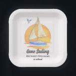 Pensioen Gone Zeilboot Zonsondergang Waterverf Papieren Bordje<br><div class="desc">Ga op een nieuwe reis: Kom met ons mee als we [naam van de gepensioneerde] eren op een met warmte en goede wensen gevuld pensioenfeest. De waterverf zeilboot tegen de zachte tinten van de dageraad roept een gevoel van rust en anticipatie op. Personaliseer met de naam van de gepensioneerde.</div>