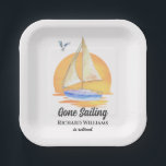 Pensioen Gone Zeilboot Zonsondergang Waterverf Papieren Bordje<br><div class="desc">Ga op een nieuwe reis: Kom met ons mee als we [naam van de gepensioneerde] eren op een met warmte en goede wensen gevuld pensioenfeest. De waterverf zeilboot tegen de zachte tinten van de dageraad roept een gevoel van rust en anticipatie op. Personaliseer met de naam van de gepensioneerde.</div>