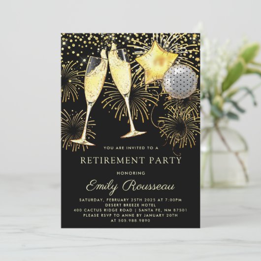 Pensioen gouden zwarte Confetti Champagne Kaart (Staand voorkant)