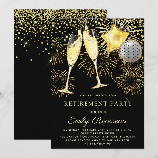 Pensioen gouden zwarte Confetti Champagne Kaart (Voorkant / Achterkant)