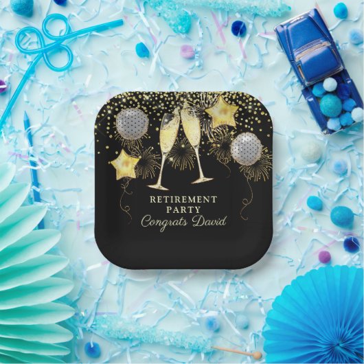 Pensioen gouden zwarte Confetti Champagne Papieren Bordje (Feest)