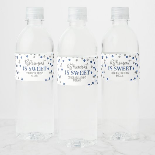 Pensioen is Sweet Blue Silver Confetti Waterfles Etiket (Flessen)