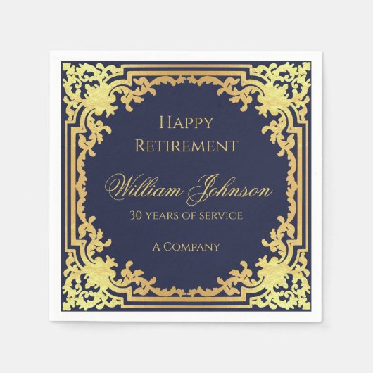 Pensioen Marine Blauw Elegant Script Faux Gold Fol Servet (Voorkant)