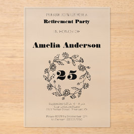 Pensioen moderne bloem zwart acryl uitnodigingen