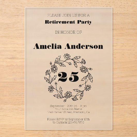 Pensioen moderne bloem zwart acryl uitnodigingen (Voorkant)