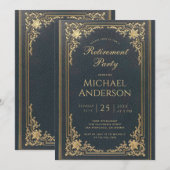 Pensioen Partij Blauw Goud Elegant Script Kaart (Voorkant / Achterkant)