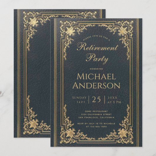 Pensioen Partij Blauw Goud Elegant Script Kaart (Voorkant / Achterkant)