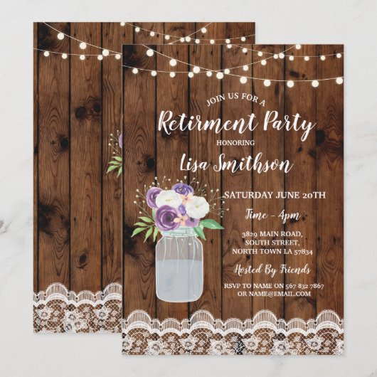 Pensioen Partij Bloemen Kant Hout Mason Jar Uitnod Kaart (Voorkant / Achterkant)