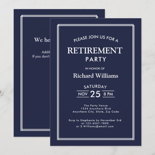 Pensioen partij Classic Blue Uitnodiging (Voorkant / Achterkant)