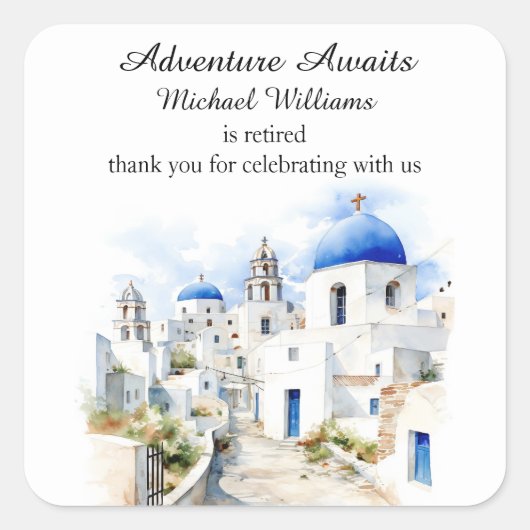 Pensioen partij  kleurrijke Griekenland Village Vierkante Sticker (Voorkant)