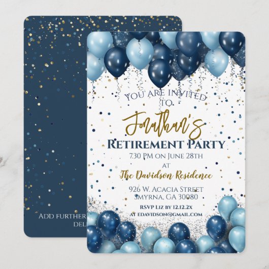 Pensioen Party Navy Blauwe Ballonnen Kaart (Voorkant / Achterkant)