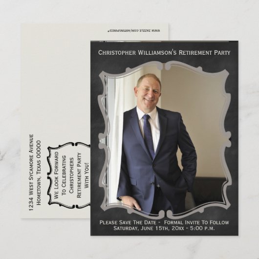 Pensioen Party Photo Card Sla de datum  op Aankondigingskaart (Voorkant / Achterkant)