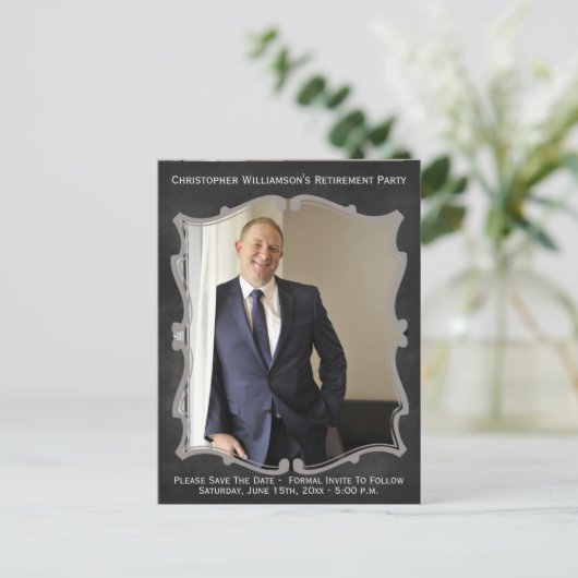 Pensioen Party Photo Card Sla de datum  op Aankondigingskaart (Staand voorkant)