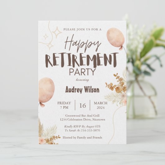 Pensioen Party uitnodiging Happy Brown Beige (Staand voorkant)