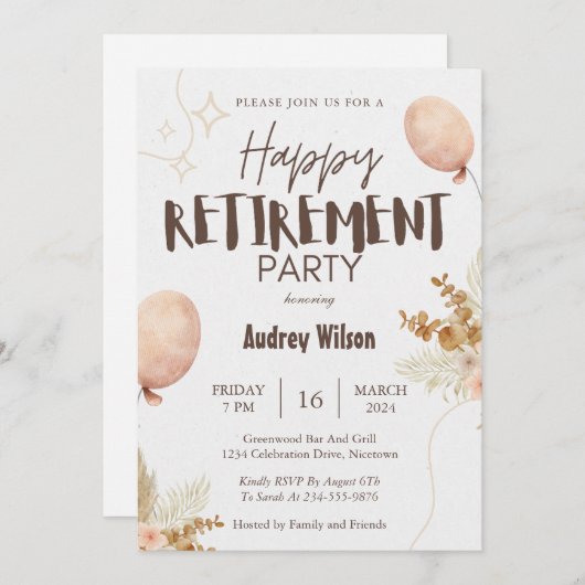 Pensioen Party uitnodiging Happy Brown Beige (Voorkant / Achterkant)