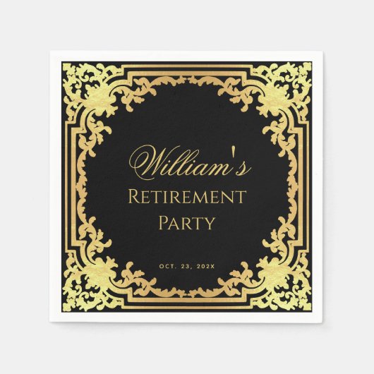 Pensioen Party Zwart Goud Elegant Script  Servet (Voorkant)