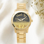 Pensioen postdienst zwart goud horloge<br><div class="desc">Elegant,  klassiek,  glamoureus en vrouwelijk. Een cadeau voor een gepensioneerde postbeambte. Een faux goudkleurige strik en lint met gouden glitter en schittering,  een beetje bling en luxe. Zwarte achtergrond. Met de tekst: Dank U,  sjablonen voor een naam en beroep,  beroep.</div>