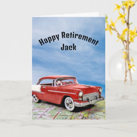 Pensioen Rood en Wit Retro Auto Kaart (Gele Bloem)