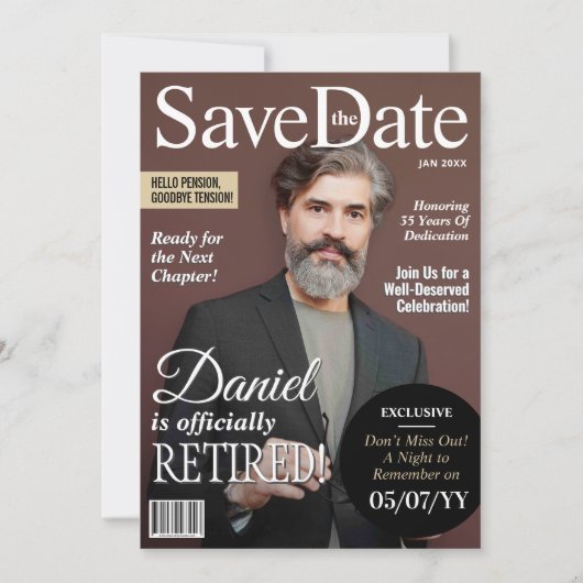 Pensioen Save the Date Modern Magazine Uitnodigen Feestdagenkaart (Voorkant)