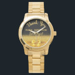 Pensioen Soscioloog zwart goud bedankt Horloge<br><div class="desc">Elegant,  klassiek,  glamoureus en vrouwelijk. Een geschenk voor een gepensioneerde socioloog. Een faux goudkleurige strik en lint met gouden glitter en schittering,  een beetje bling en luxe. Zwarte achtergrond. Met de tekst: Dank U,  sjablonen voor een naam en beroep,  beroep.</div>