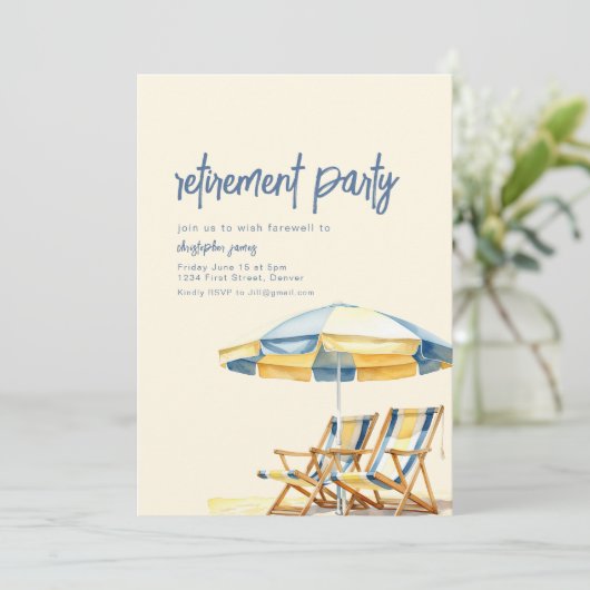 Pensioen Strand Thema Uitnodiging Sjabloon (Staand voorkant)