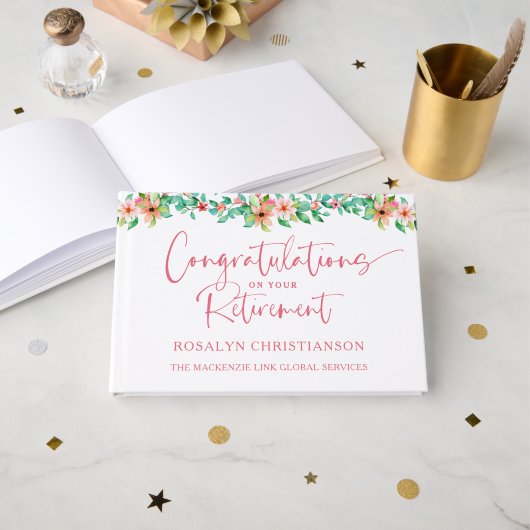 Pensioen Tropische Bloemen Roze Script Gefelicitee Gastenboek (Voorkant open)
