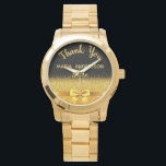Pensioen Verpleging zwart goud bedankt Horloge<br><div class="desc">Elegant,  klassiek,  glamoureus en vrouwelijk. Een cadeau voor een gepensioneerde verpleegster. Een faux goudkleurige strik en lint met gouden glitter en schittering,  een beetje bling en luxe. Zwarte achtergrond. Met de tekst: Dank U,  sjablonen voor een naam en beroep,  beroep.</div>