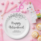 Pensioen Zwart Zilver Confetti Script Naam Papieren Bordje (Feest)