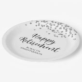 Pensioen Zwart Zilver Confetti Script Naam Papieren Bordje (Gekanteld)